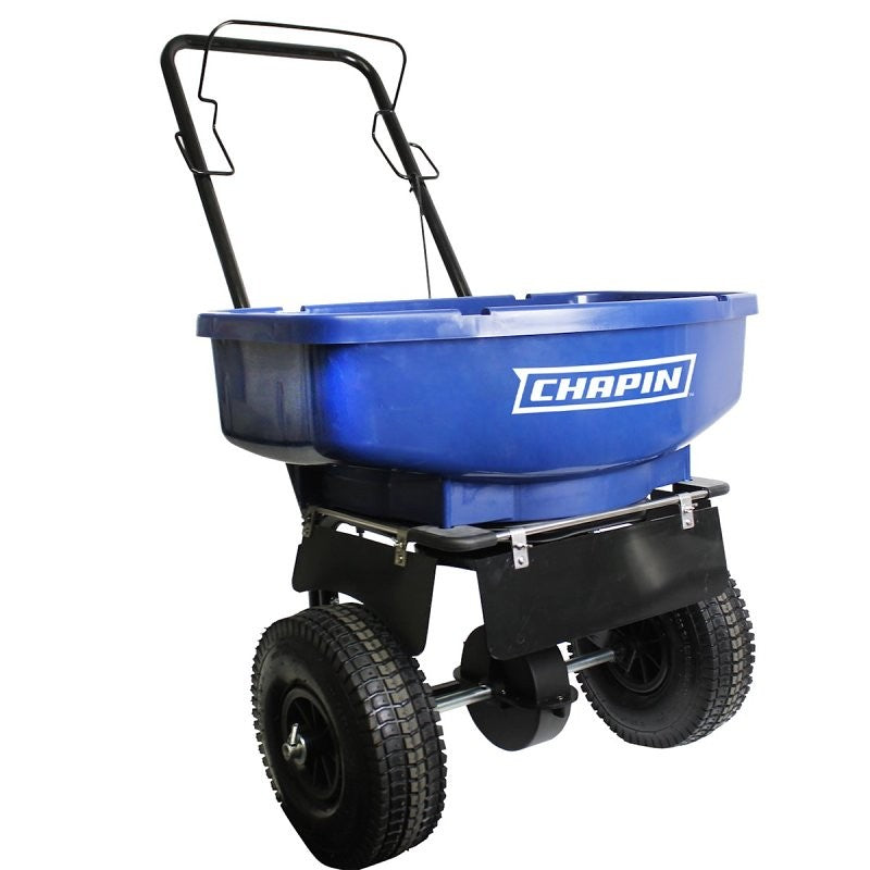 Chapin 81008A Salt and Ice Melt Spreader, 80 lb, Steel Frame, Poly Hopper, Pneumatic Wheel