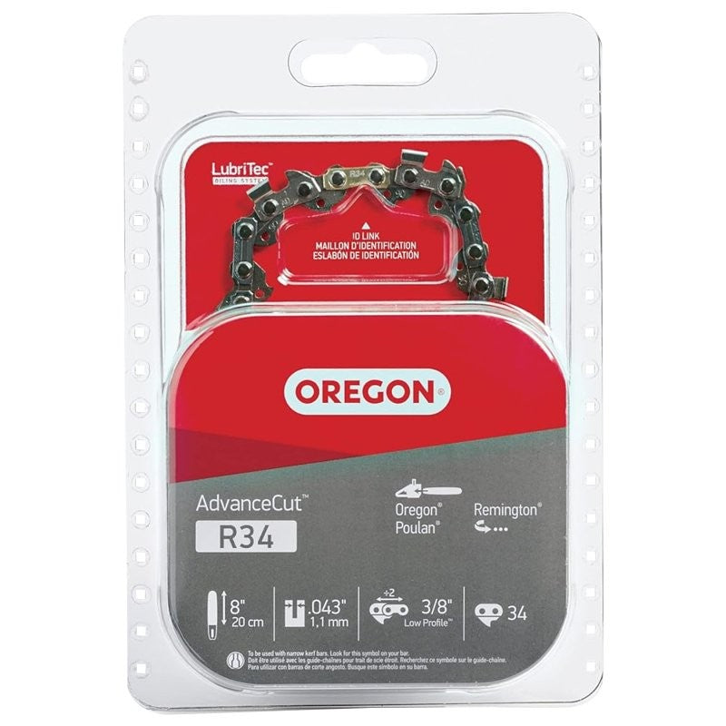 Oregon R34 Chainsaw Chain, 8 in L Bar, 0.043 Gauge, 3/8 in TPI/Pitch, 34-Link
