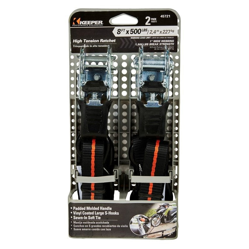 Keeper 45721 Tie-Down, Ratchet Adjustment, 1 in W, 8 ft L, 500 lb Working Load, S-Hook End, 2/PK