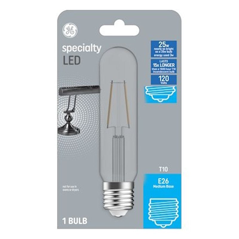 GE 93129002 LED Bulb, T10 Lamp, 25 W Equivalent, E26 Medium Lamp Base, Clear, 3000 K Color Temp (Pack of 4)