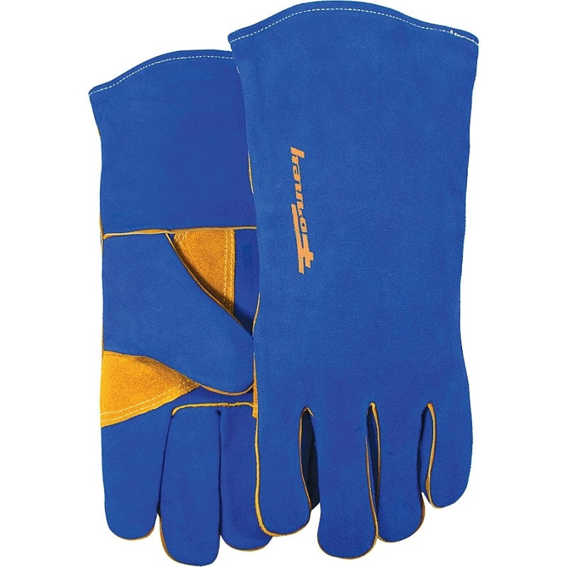 ForneyHide 53422 Welding Gloves, Men's, L, 13-1/2 in L, Gauntlet Cuff, Leather Palm, Blue, Reinforced Crotch Thumb