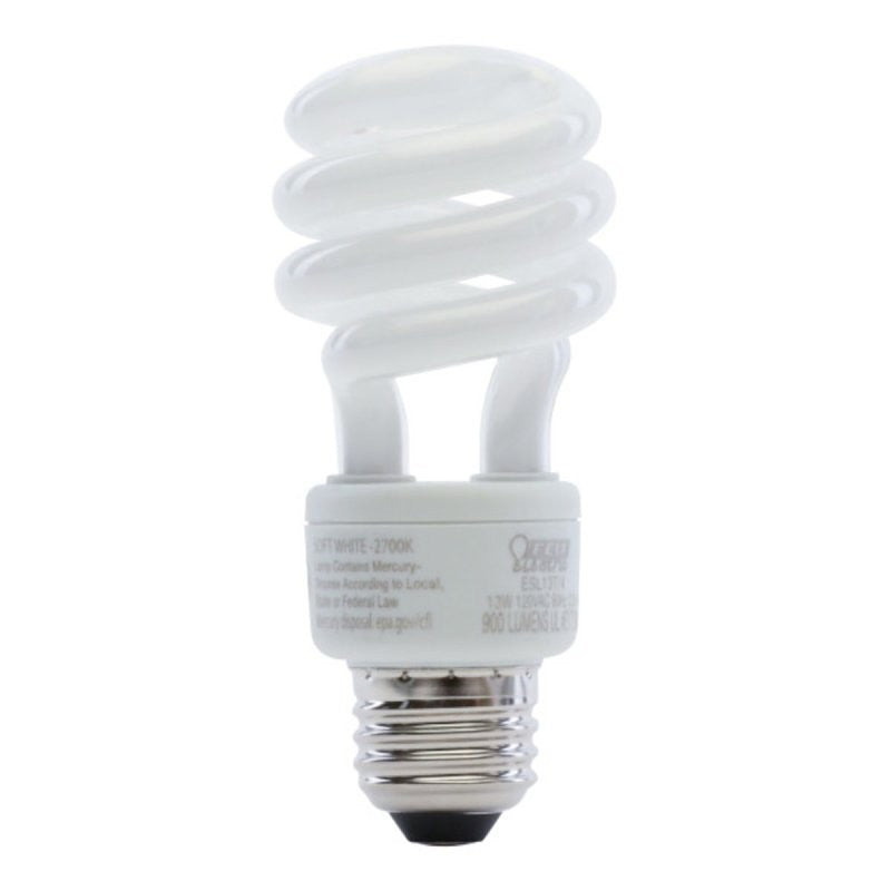 Feit Electric ESL13T/4 Compact Fluorescent Bulb, 13 W, Spiral Lamp, Medium E26 Lamp Base, 900 Lumens, 2700 K Color Temp