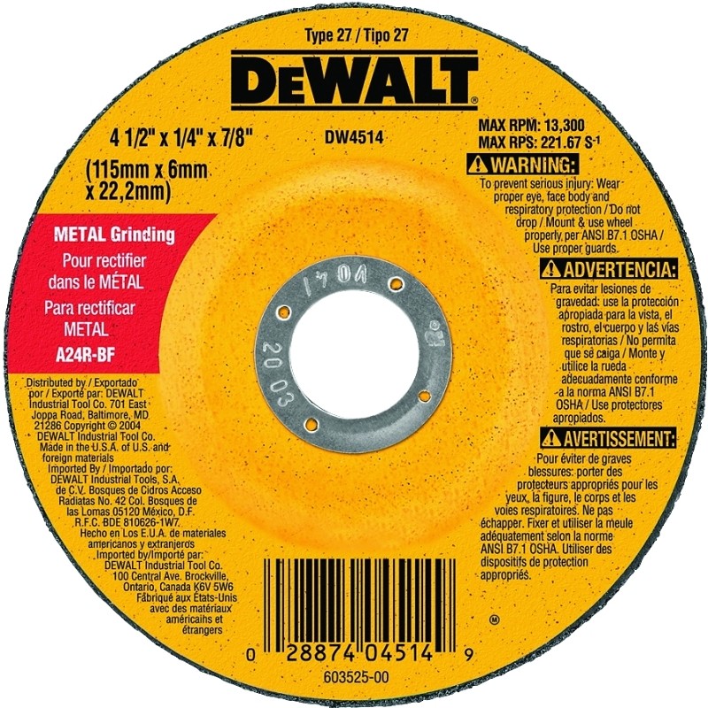 DEWALT DW4514 Grinding Wheel, Applicable Materials: Ferrous Metal, Stainless Steel, 4-1/2 in Dia, 1/4 in Thick, 24 Grit