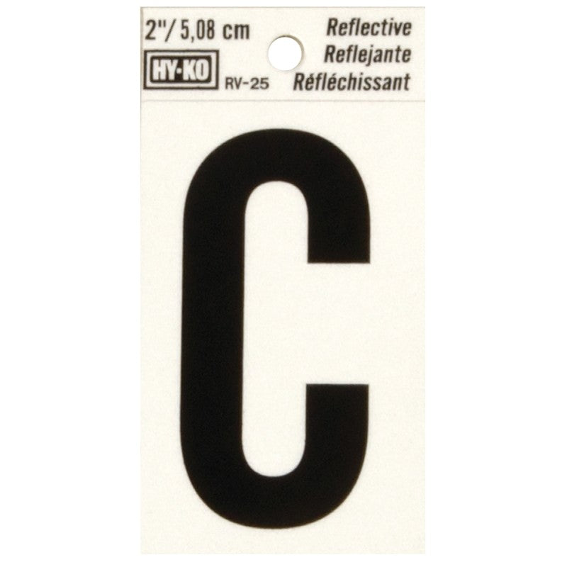 Hy-Ko RV-25/C Reflective Letter, 1-1/2 in W x 3 in H Dimensions, Character: C, 2 in H Character, Black Character, Vinyl (Pack of 10)