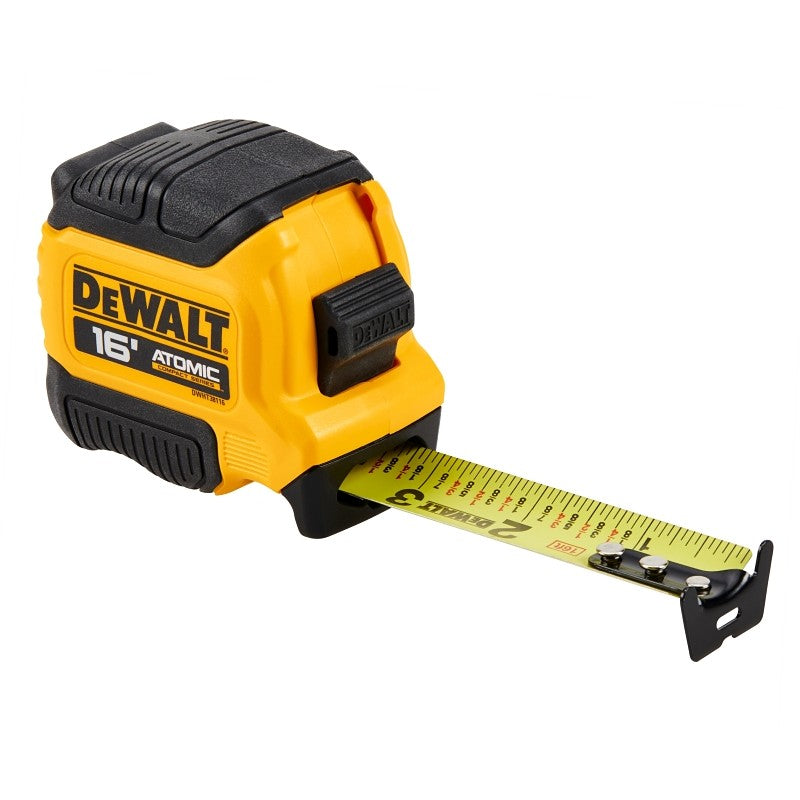 DEWALT ATOMIC COMPACT Series DWHT38116S Tape Measure, 16 ft L Blade, 1-1/8 in W Blade, Steel Blade, Rubber Case