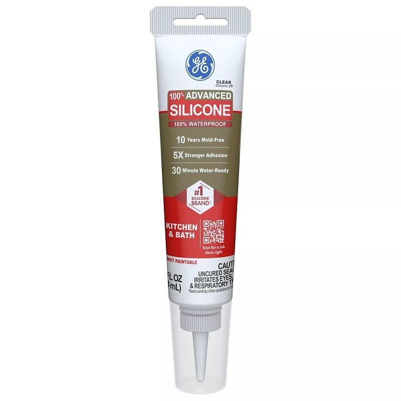 GE Advanced Silicone 2 2812563 Kitchen & Bath Sealant, Clear, 24 hr Curing, 2.8 fl-oz Squeeze Tube