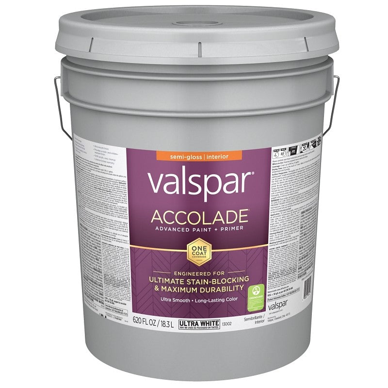 Valspar Accolade 1300 028.0013002.008 Latex Paint, Acrylic Base, Semi-Gloss, Ultra White, 5 gal, Plastic Pail