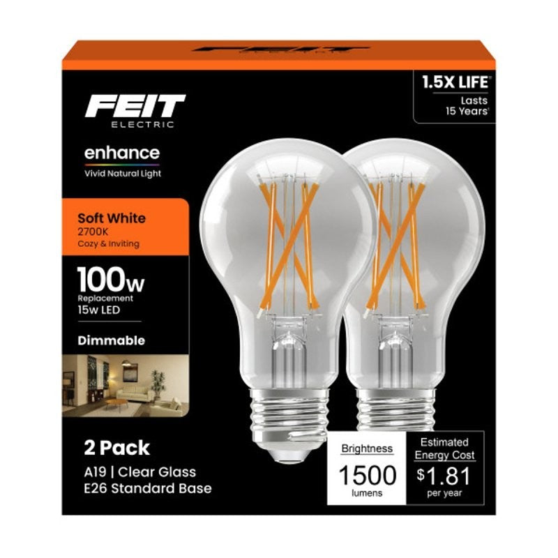 Feit Electric A100CL927CA/FIL/2 Filament Enhance LED Bulb, A19 Lamp, 100 W Equivalent, E26 Lamp Base, Dimmable, Clear