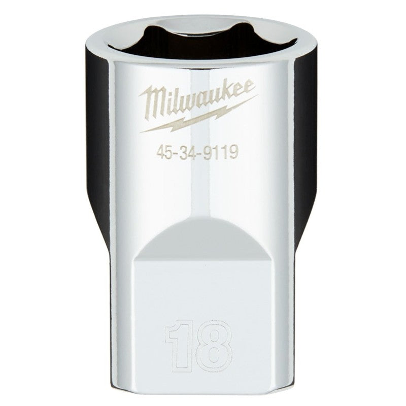 Milwaukee 45-34-9119 Socket, 18 mm Socket, Standard Socket, 1/2 in Drive, 6-Point, Chrome Vanadium Steel, Chrome