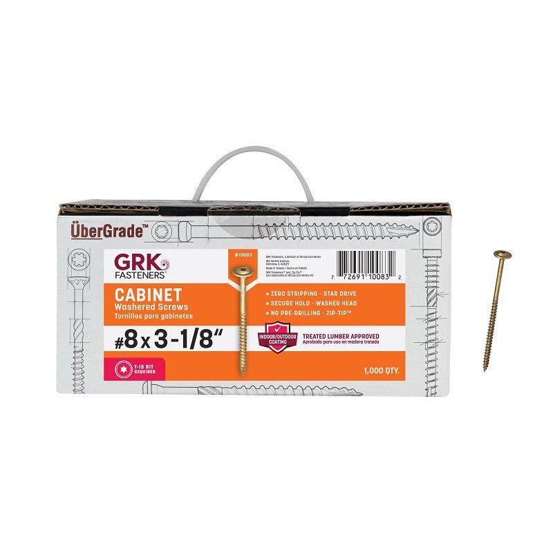 GRK Fasteners 10083 Cabinet Screw, #8 Thread, 3-1/8 in L, Washer Head, Star Drive, Steel, 1000 BX