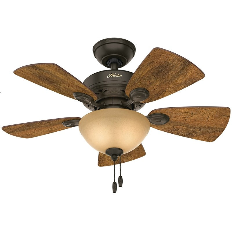 Hunter Watson Series 52090 Ceiling Fan, 5-Blade, Walnut Blade, 34 in Sweep, MDF Blade, 3-Speed, With Lights: Yes