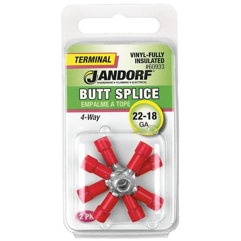 Jandorf 60933 Butt Splice Connector, 22 to 18 AWG Wire, Vinyl Insulation, Copper Contact, Red, 2/PK