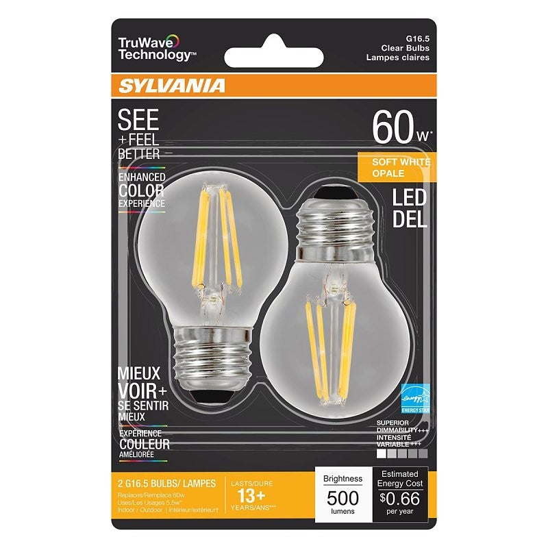 Sylvania 40850 Natural LED Bulb, Globe, G16.5 Lamp, 60 W Equivalent, E26 Lamp Base, Dimmable, Clear, Soft White Light