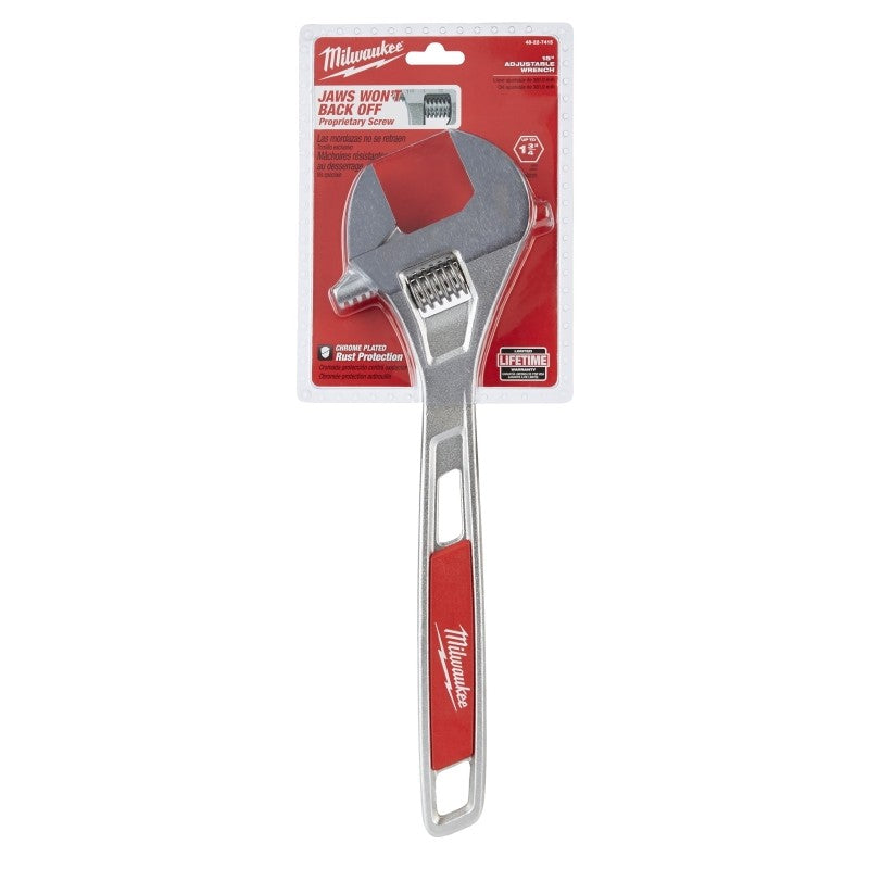 Milwaukee 48-22-7415 Adjustable Wrench, 15 in OAL, 1-3/4 in Jaw, Steel, Chrome, Ergonomic Handle