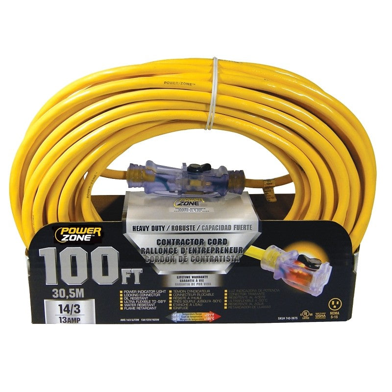 PowerZone ORP511735 Contractor Cord, 14 AWG Cable, 100 ft L, 13 A, 125 V, Yellow