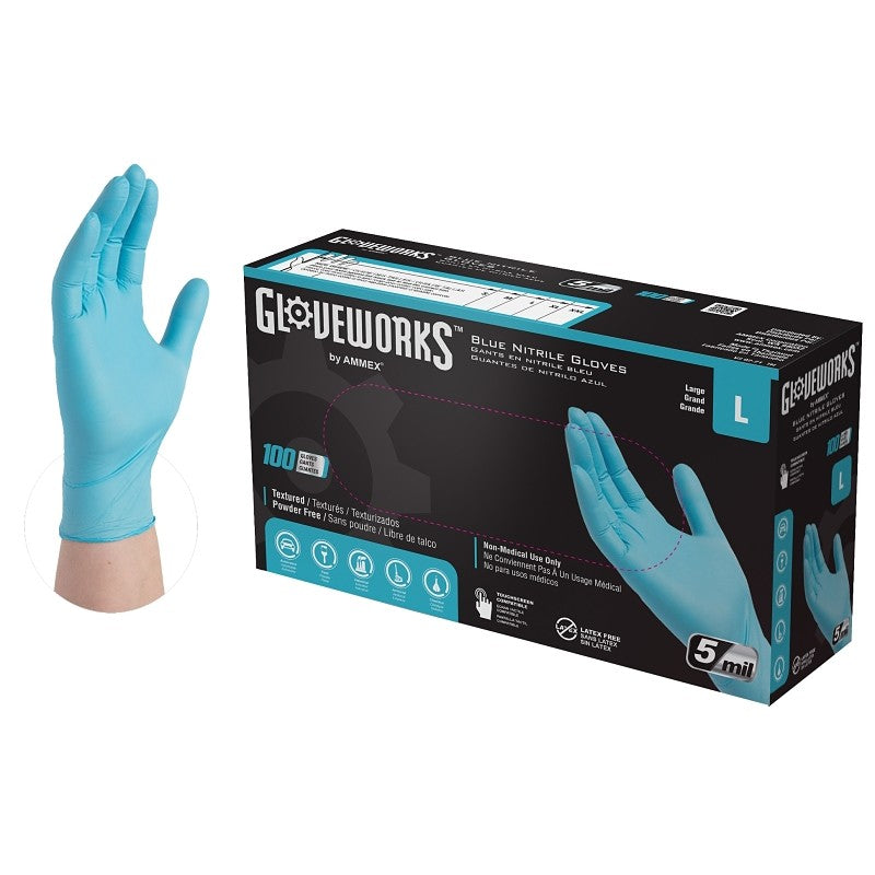 Gloveworks INPF46100 Non-Sterile Disposable Gloves, L, Nitrile, Powder-Free, Blue, 9-1/2 in L