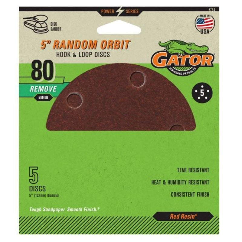 Gator 3784 Sanding Disc, 5 in Dia, 80 Grit, Medium, Aluminum Oxide Abrasive, Vented, 5/PK
