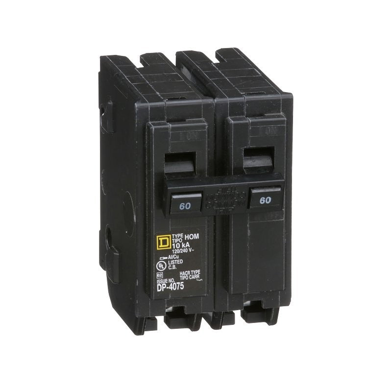Square D Homeline HOM260CP Circuit Breaker, Mini, 60 A, 2 -Pole, 120/240 V, Fixed Trip, Plug Mounting, Black