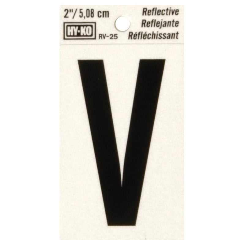 Hy-Ko RV-25/V Reflective Letter, 1-1/2 in W x 3 in H Dimensions, Character: V, 2 in H Character, Black Character, Vinyl (Pack of 10)