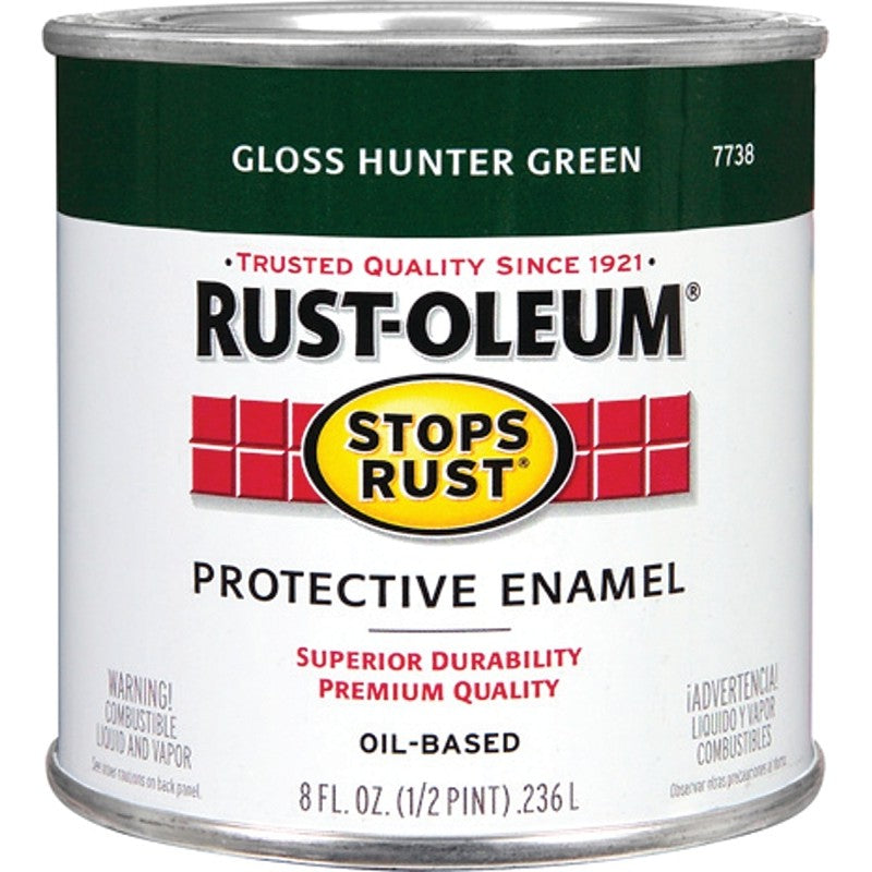 Rust-Oleum Stops Rust 7738730 Enamel Paint, Oil, Gloss, Hunter Green, 0.5 pt, Can, 50 to 90 sq-ft/qt Coverage Area