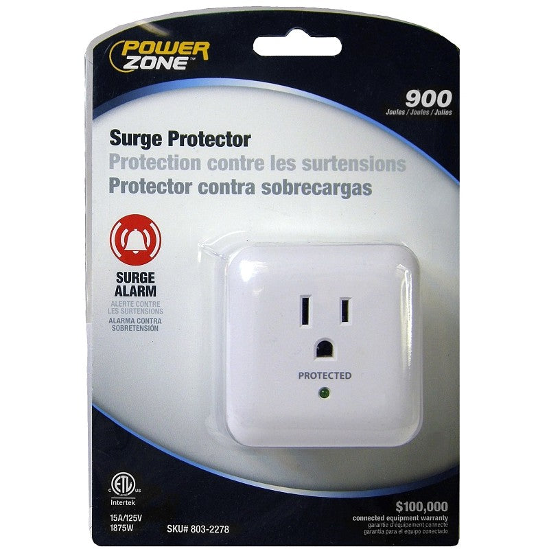 PowerZone OR802105 Surge Protector Power Strip, 125 V, 15 A, 1-Outlet, 900 Joules Energy, White
