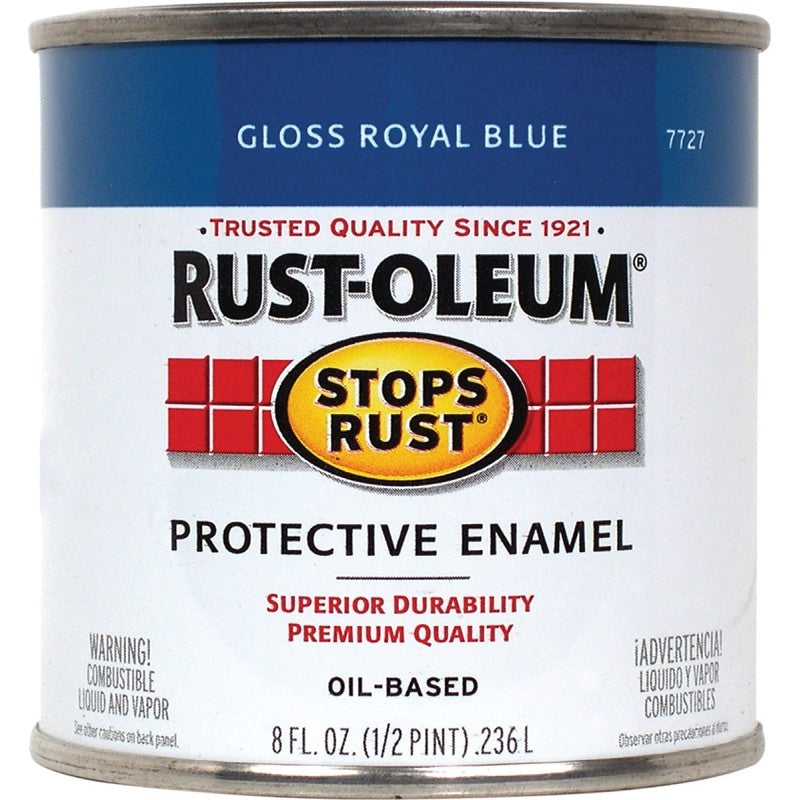 Rust-Oleum Stops Rust 7727730 Enamel Paint, Oil, Gloss, Royal Blue, 0.5 pt, Can, 50 to 90 sq-ft/qt Coverage Area
