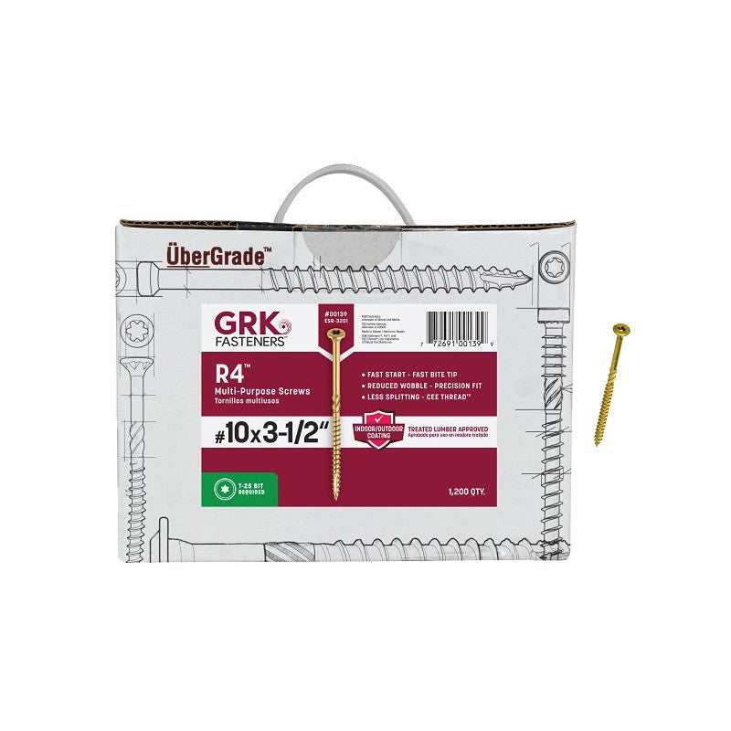GRK Fasteners R4 00139 Framing and Decking Screw, #10 Thread, 3-1/2 in L, Round Head, Star Drive, Steel, 1200 BX