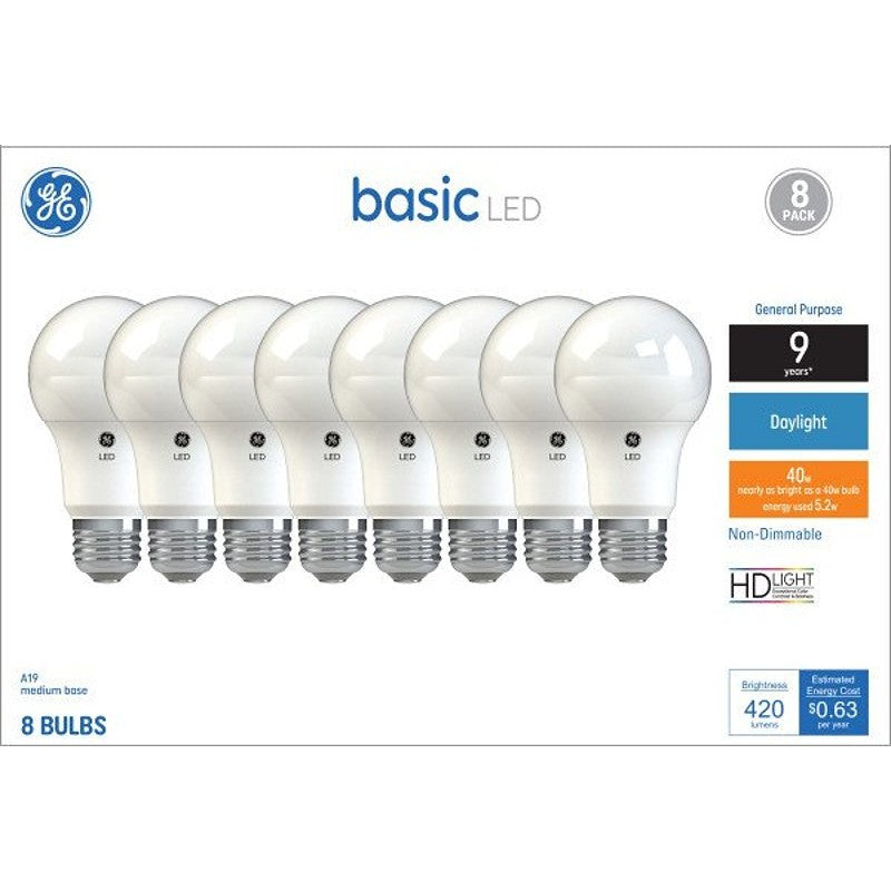 GE 37035 LED Light Bulb, A19 Lamp, 40 W Equivalent, E26 Medium Screw Lamp Base, No, Diffuse, Daylight, 5000 K Color Temp
