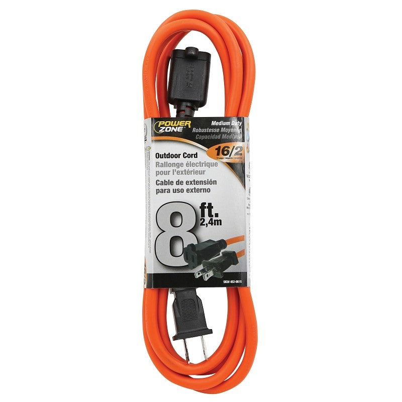 PowerZone OR481608 Outdoor Extension Cord, 16 AWG Wire, 8 ft L, Orange Sheath
