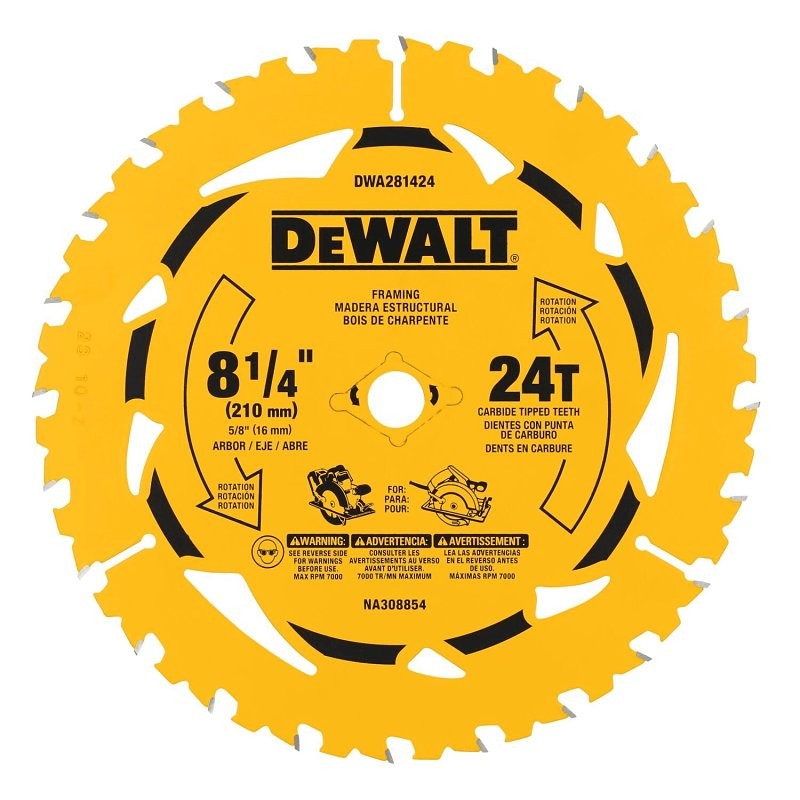 DEWALT DWA181424B10 Circular Saw Blade, 8-1/4 in Dia, 5/8 in Arbor, 24-Teeth, Applicable Materials: Wood