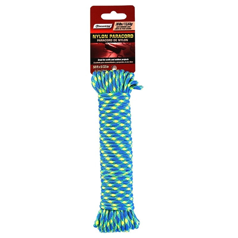 Lehigh NPC1503250BG Paracord, 5/32 in Dia, 50 ft L, 30 lb Working Load, Nylon, Blue/Yellow