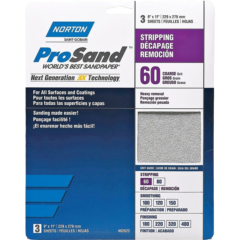 Norton ProSand 07660768164 Sanding Sheet, Tan, 11 in L, 9 in W, Coarse, 60 Grit, Aluminum Oxide Abrasive