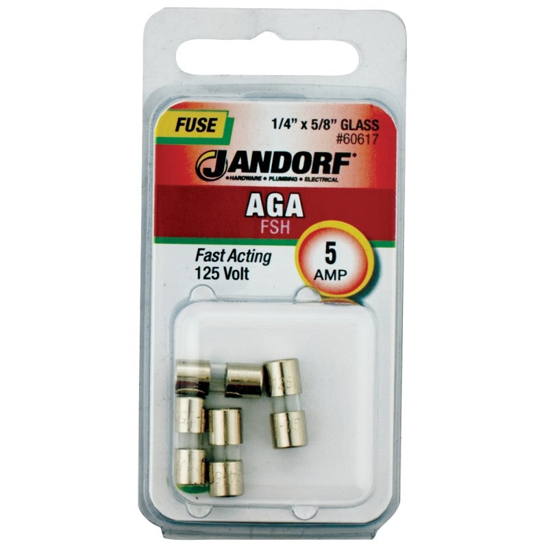 Jandorf 60617 Fast Acting Fuse, 5 A, 125 V, 1 kA Interrupt, Glass Body