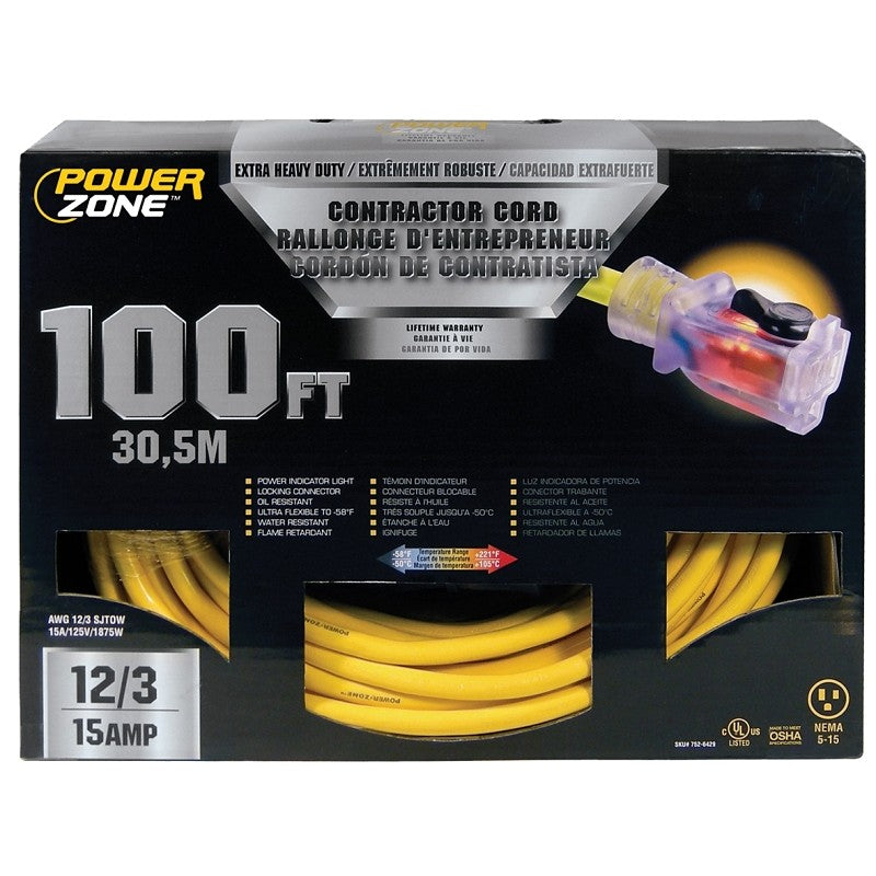 PowerZone ORP511835 Contractor Cord, 12 AWG Cable, 100 ft L, 15 A, 125 V, Yellow