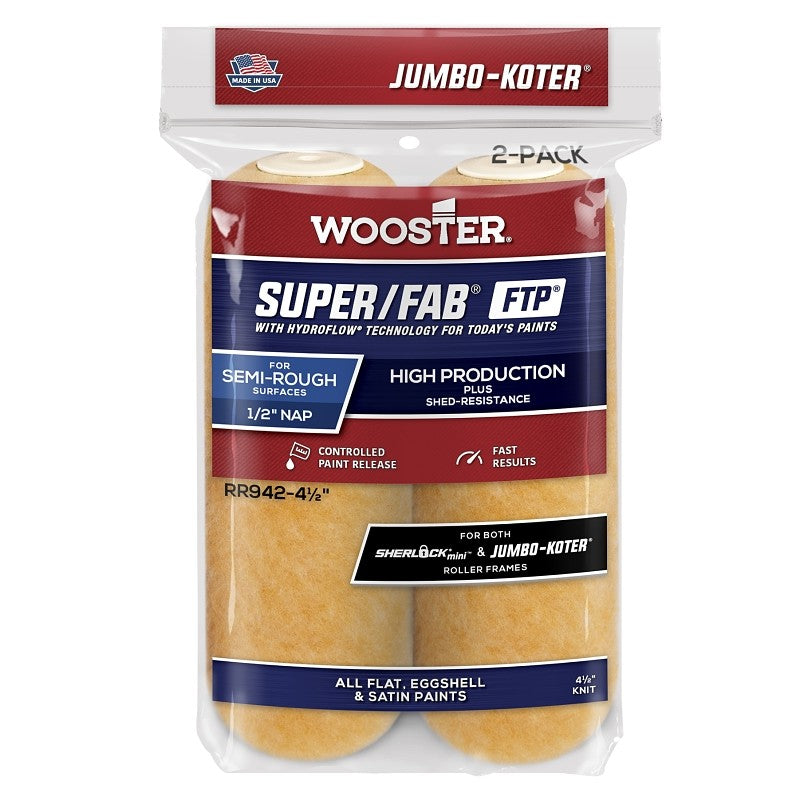 Wooster RR942-4 1/2 Roller Cover, 1/2 in Thick Nap, 4-1/2 in L, Fabric Cover, Lager