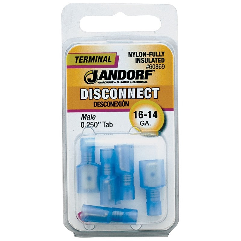 Jandorf 60869 Disconnect Terminal, 16 to 14 AWG Wire, Nylon Insulation, Copper Contact, Blue, 5/PK