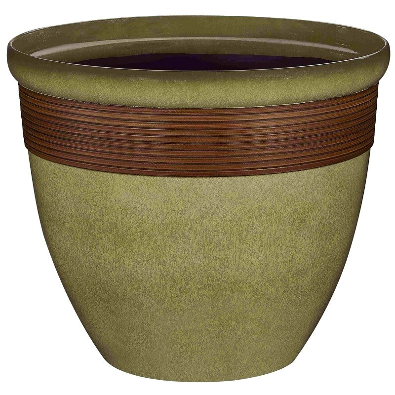 Landscapers Select PT-S015 Wave Planter, 15 in Dia, 12-1/2 in H, Round, Resin, Olive Green/Wood (Pack of 6)