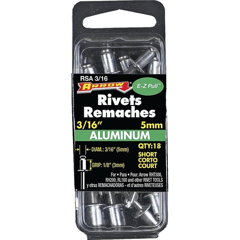 Arrow RSA3/16 Pop Rivet, Short, 1/8 in Grip, 1/8 in L, Aluminum, 18/PK