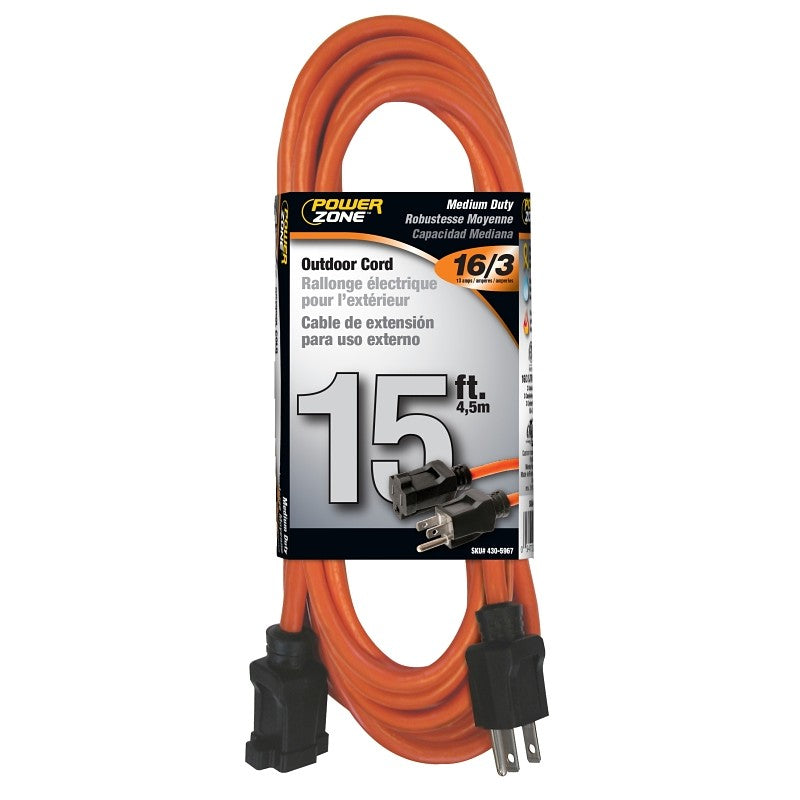 PowerZone OR501615 Extension Cord, 16 AWG Cable, 5-15P Grounded Plug, 5-15R Grounded Receptacle, 15 ft L, 125 V