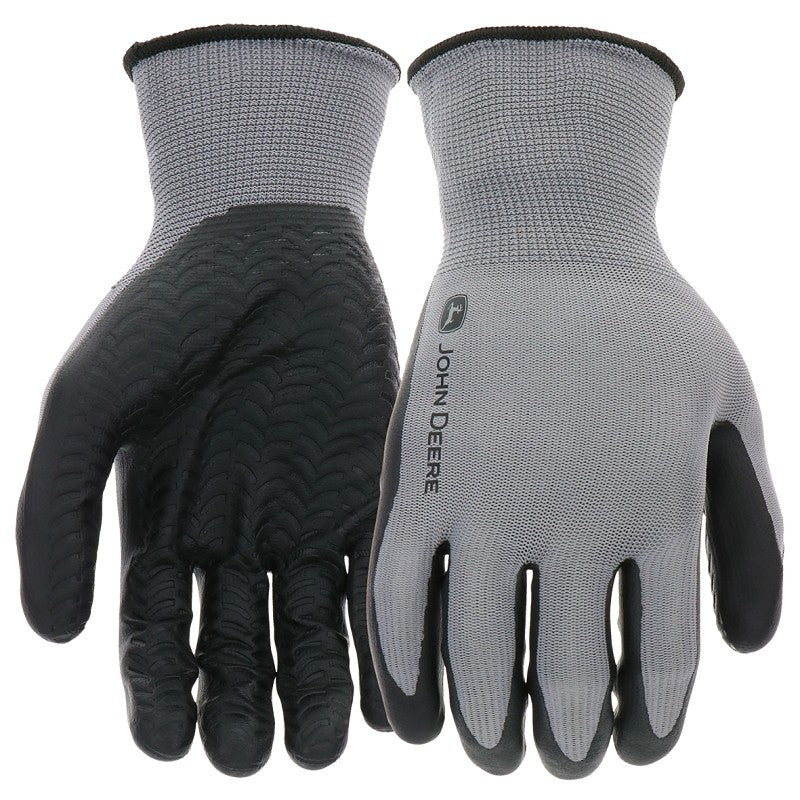John Deere JD37215-L Gloves, Men's, L, 4-1/4 in L, Knit Wrist, Seamless Cuff, Nitrile Coating, Black/Gray