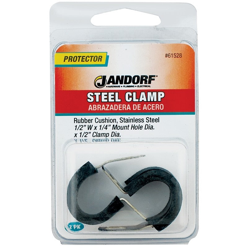 Jandorf 61528 Cushion Clamp, 1/2 in Max Bundle Dia, 1/2 in W, Rubber/Stainless Steel, Black