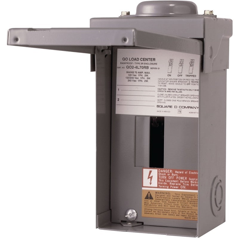 Square D QO QO24L70RBCP Load Center, 70 A, 2 -Space, 4 -Circuit, Main Lug, NEMA 3R Enclosure, Plug Mounting, Gray