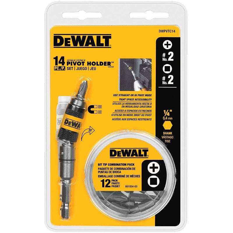 DEWALT DWPVTC14 Pivot Holder Set, #2 Drive, Phillips/Square Drive, 1/4 in Shank, Hex Shank, Stainless Steel