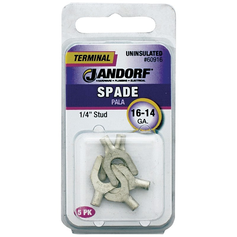 Jandorf 60916 Spade Terminal, 600 V, 16 to 14 AWG Wire, 1/4 in Stud, Copper Contact