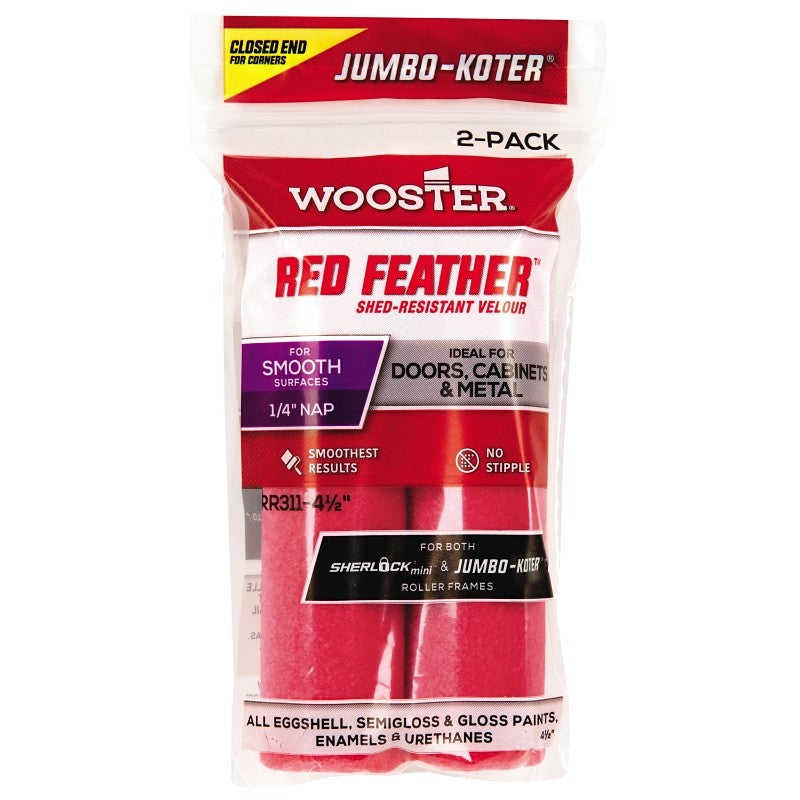Wooster RR311-4 1/2 Roller Cover, 1/4 in Thick Nap, 4-1/2 in L, Velour Cover, Red