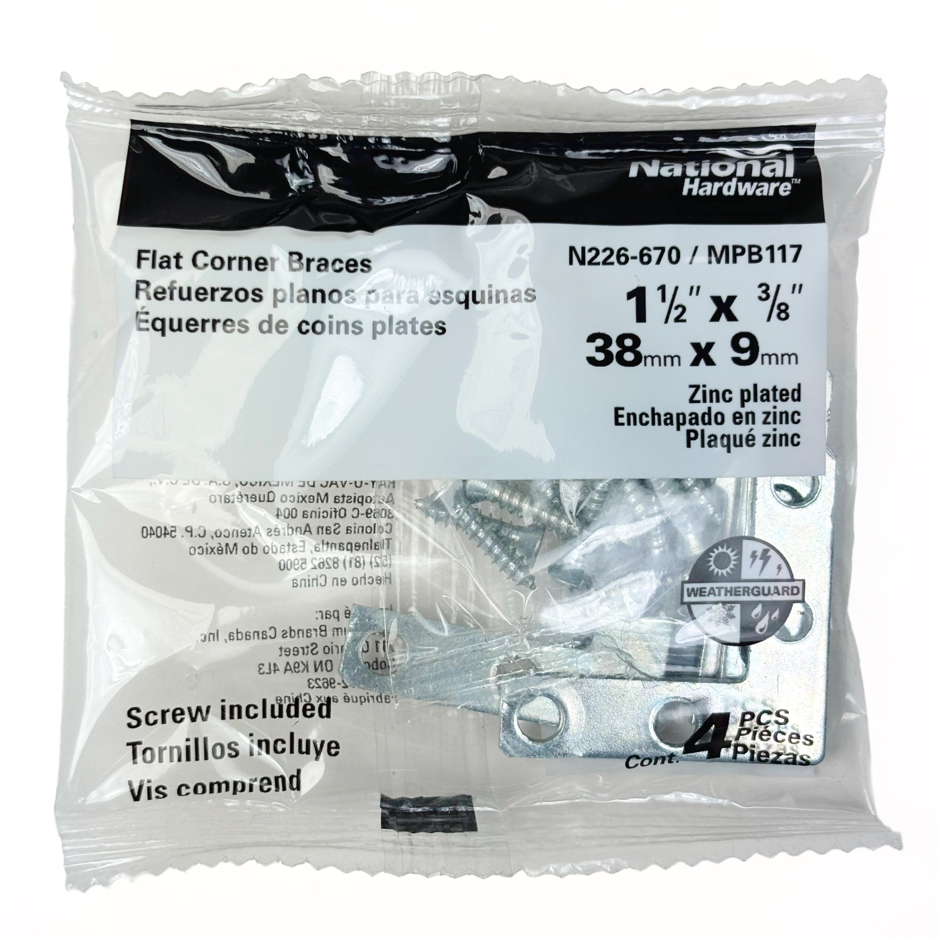 Flat Corner Iron Braces 1-1/2 by 3/8 by 0.07 Inch Zinc Plated Steel 4 Pack