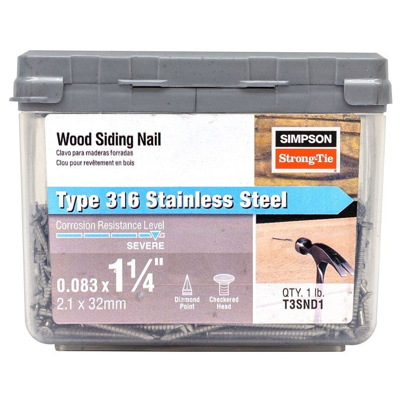 Simpson Strong-Tie T3SND1 Wood Siding Nail, 3D, 1-1/4 in L, Stainless Steel, Full Round Head, 1 lb, 1/lb
