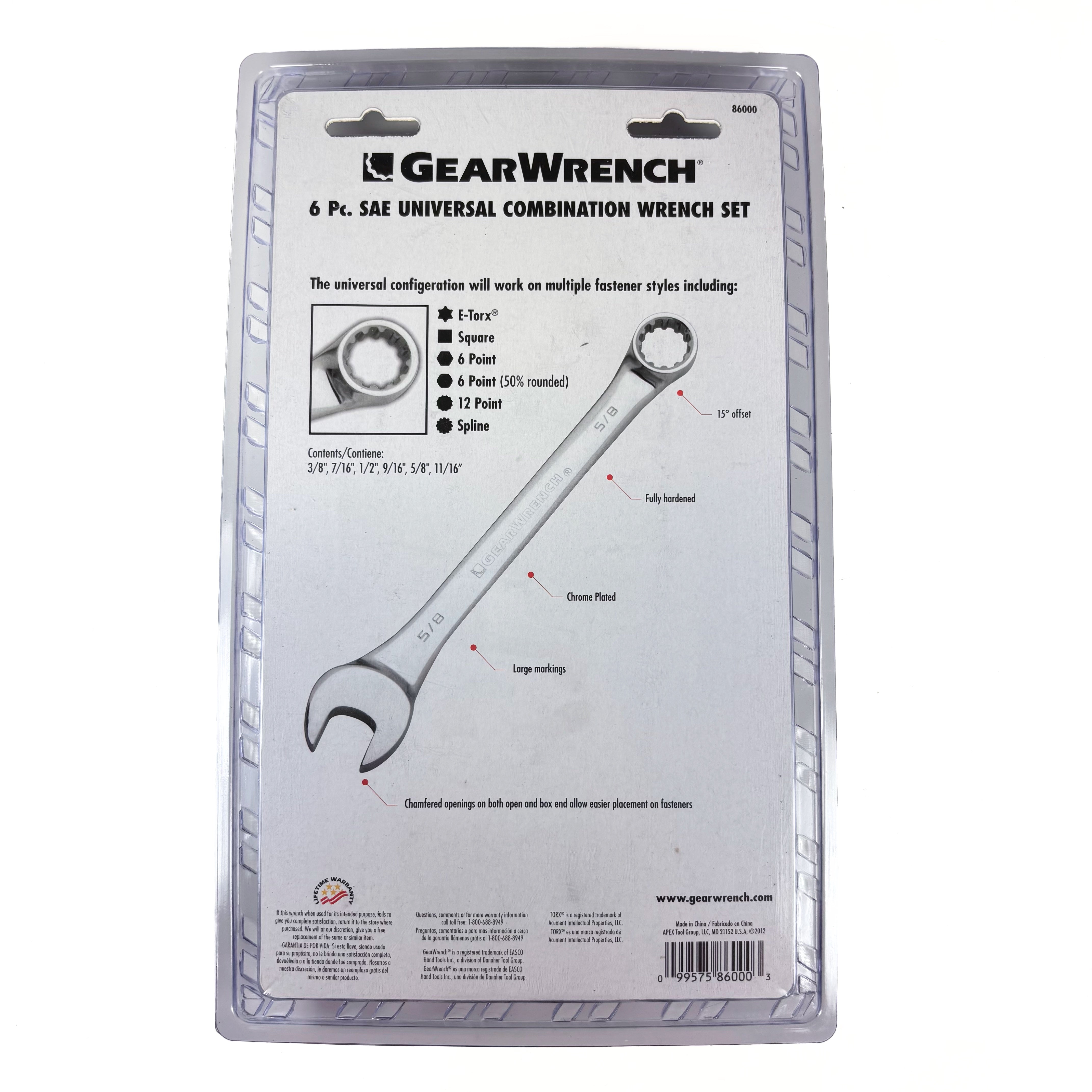 6 Piece 3/8 To 11/16 Inch Universal SAE Combination Wrench Set