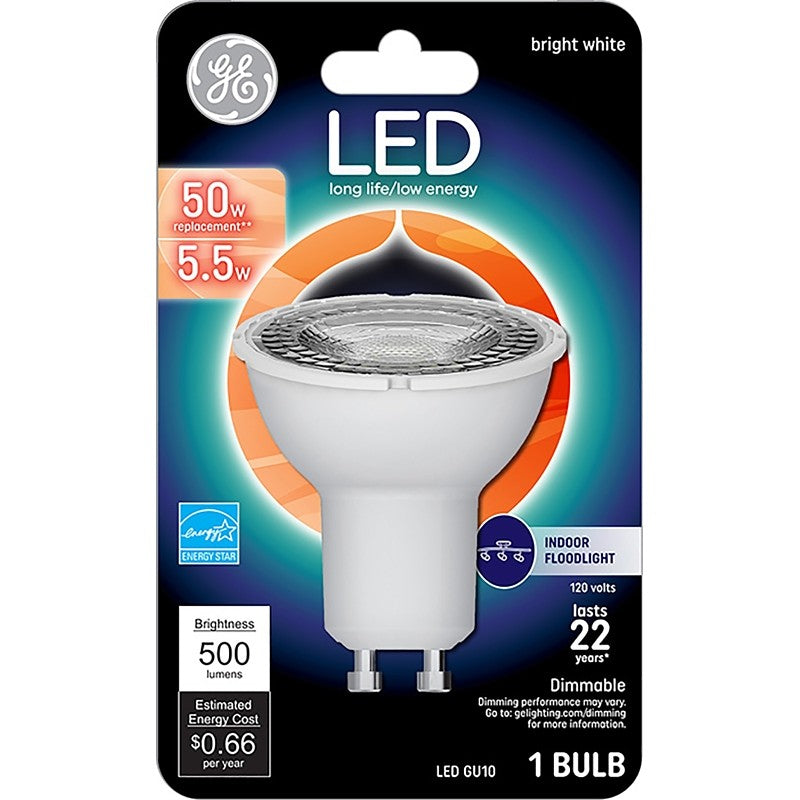 GE 93120809 Floodlight Bulb, MR16 Lamp, 50 W Equivalent, GU10 Lamp Base, Dimmable, White, Bright White Light