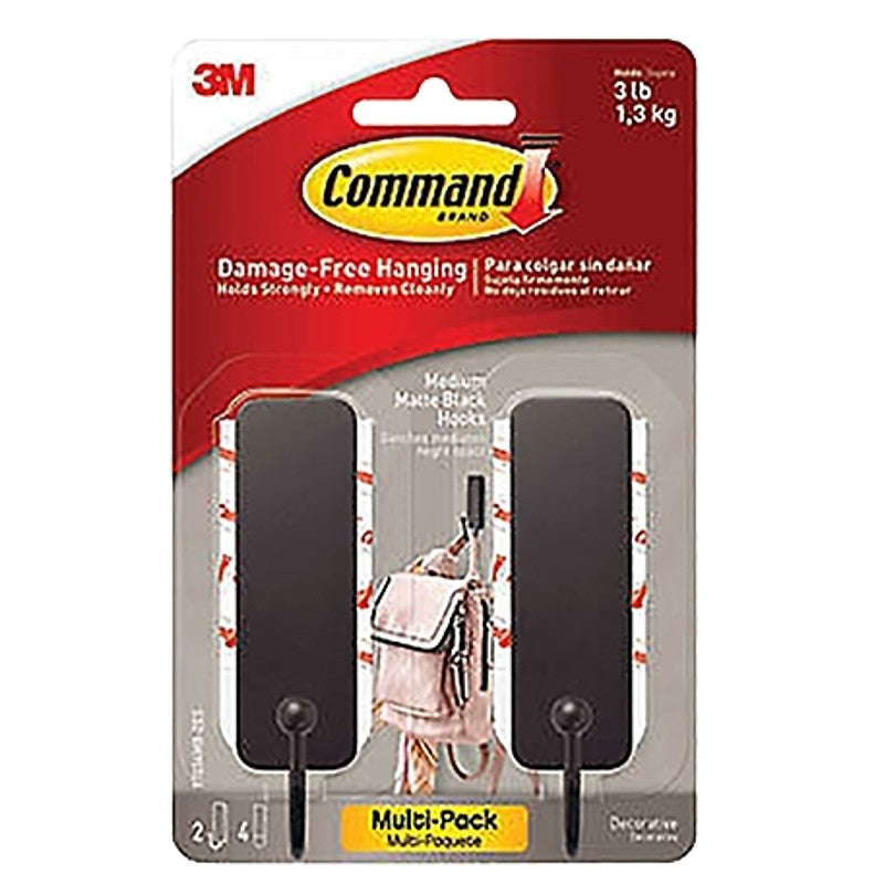 Command 17034MB-2ES Medium Hook, 3 lb, 1-Hook, Plastic, Black, Matte